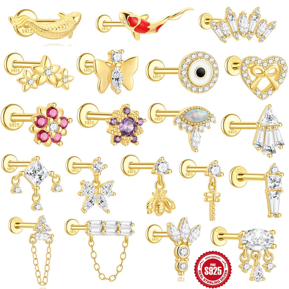 Wholesale Geometric Koi Animal Flat Head Threaded Piercing Ear Jewelry S925 Sterling Silver Environmentally Friendly Electroplated Unisex