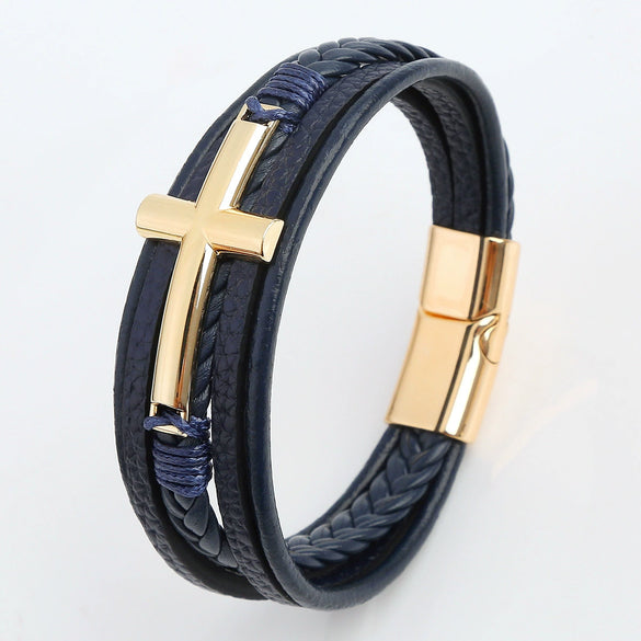 Wholesale Geometric Leather Bracelets With Alloy Cross Accessories Handwoven Electroplated Men's Bracelets