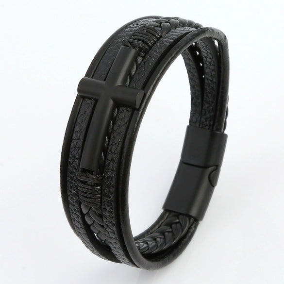 Wholesale Geometric Leather Bracelets With Alloy Cross Accessories Handwoven Electroplated Men's Bracelets