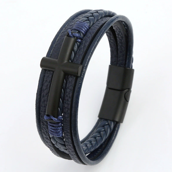 Wholesale Geometric Leather Bracelets With Alloy Cross Accessories Handwoven Electroplated Men's Bracelets