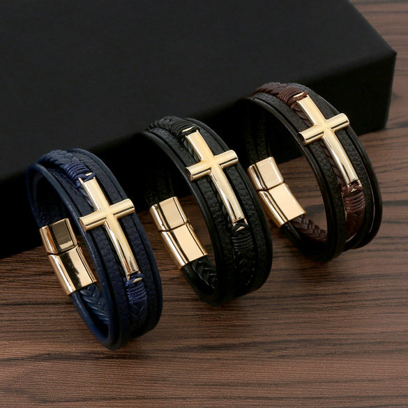 Wholesale Geometric Leather Bracelets With Alloy Cross Accessories Handwoven Electroplated Men's Bracelets