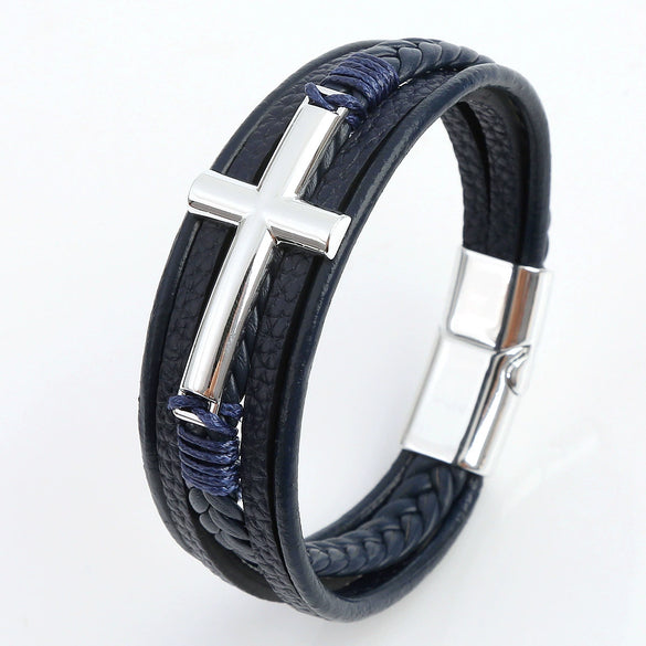 Wholesale Geometric Leather Bracelets With Alloy Cross Accessories Handwoven Electroplated Men's Bracelets