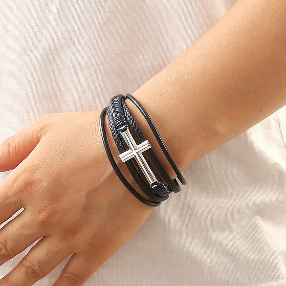 Wholesale Geometric Leather Bracelets With Alloy Cross Accessories Handwoven Electroplated Men's Bracelets