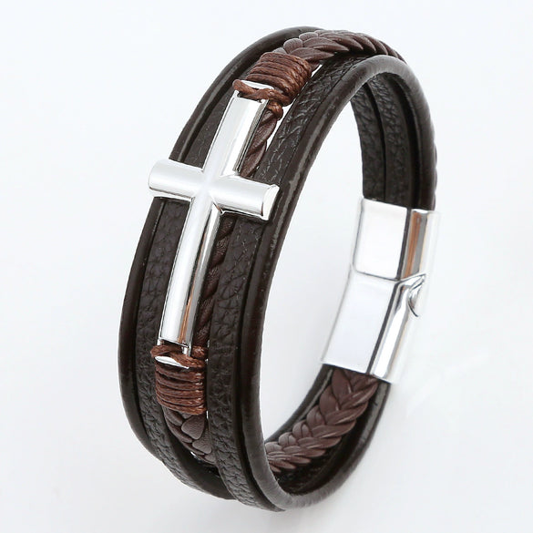 Wholesale Geometric Leather Bracelets With Alloy Cross Accessories Handwoven Electroplated Men's Bracelets