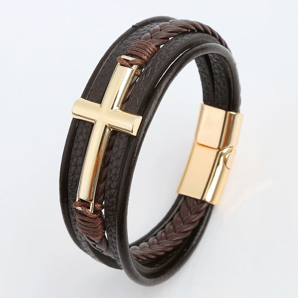 Wholesale Geometric Leather Bracelets With Alloy Cross Accessories Handwoven Electroplated Men's Bracelets