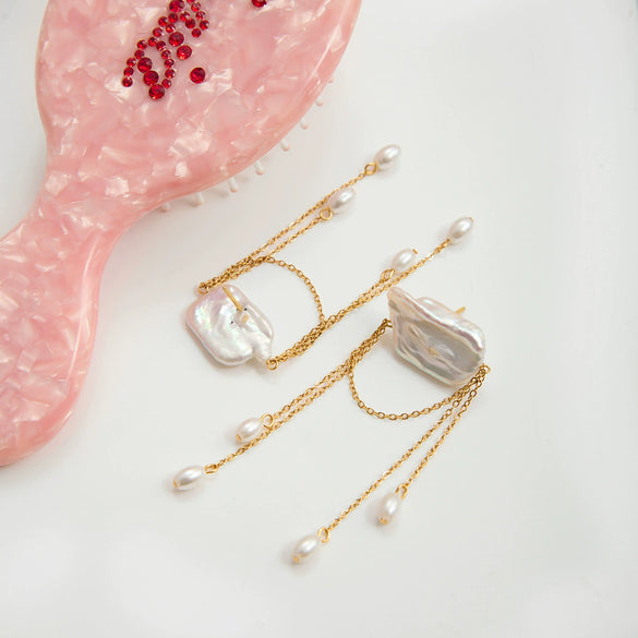 Wholesale Geometric Light Luxury Minimalist Electroplated Stainless Steel Tassel Freshwater Pearl Earrings For Women