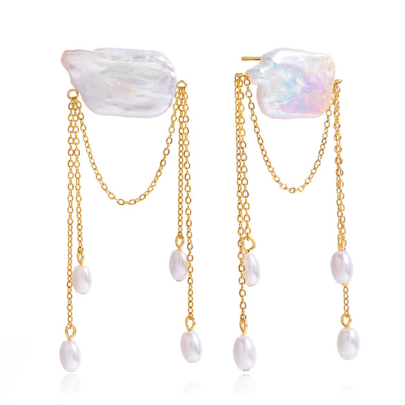 Wholesale Geometric Light Luxury Minimalist Electroplated Stainless Steel Tassel Freshwater Pearl Earrings For Women