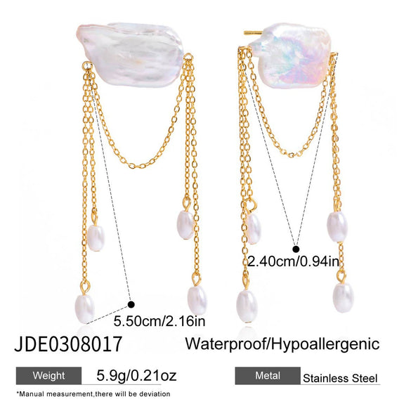 Wholesale Geometric Light Luxury Minimalist Electroplated Stainless Steel Tassel Freshwater Pearl Earrings For Women