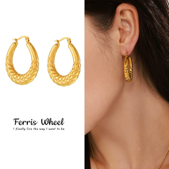 Wholesale Geometric Light Luxury Style Stainless Steel Gold Plated Ferris Wheel And Wheat Grain Earrings For Women
