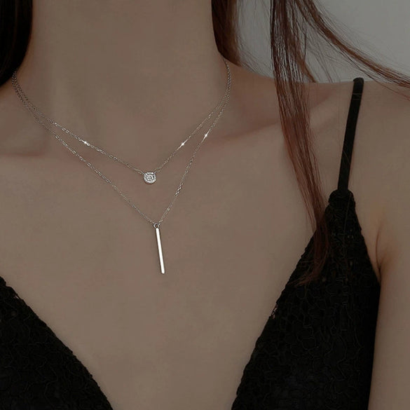 Wholesale Geometric Long Double Layer Round Flash Diamond Necklace For Women Alloy Material With Electroplating Process Simple And Fashionable