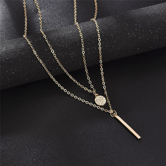 Wholesale Geometric Long Double Layer Round Flash Diamond Necklace For Women Alloy Material With Electroplating Process Simple And Fashionable