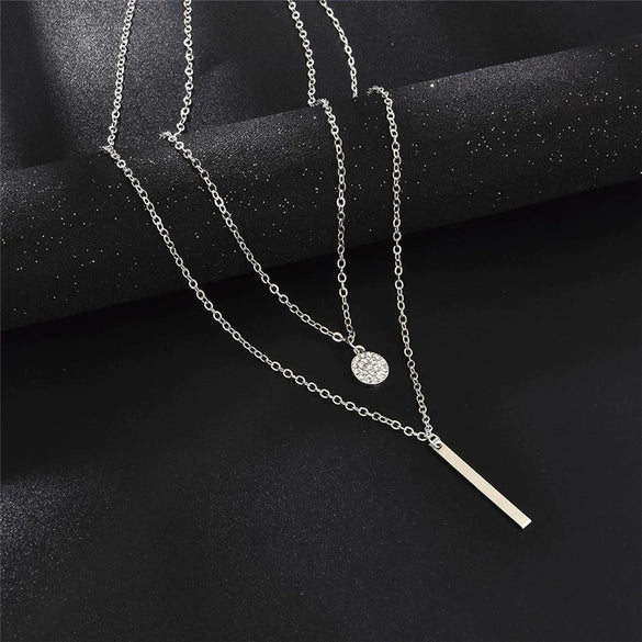 Wholesale Geometric Long Double Layer Round Flash Diamond Necklace For Women Alloy Material With Electroplating Process Simple And Fashionable