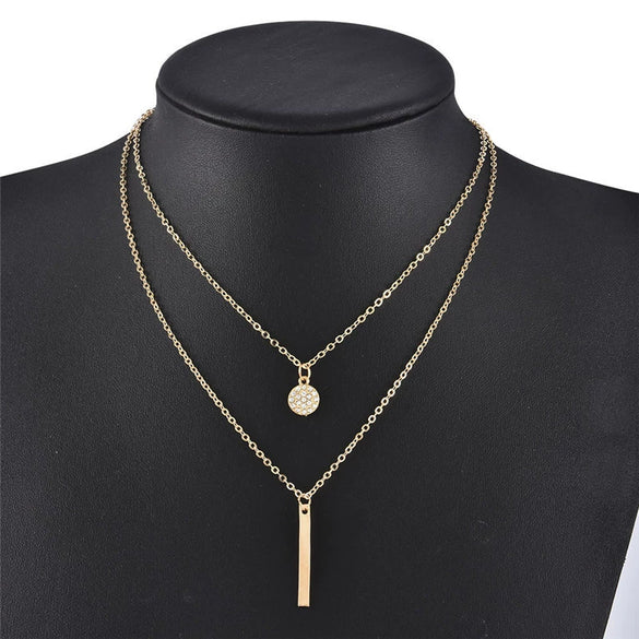 Wholesale Geometric Long Double Layer Round Flash Diamond Necklace For Women Alloy Material With Electroplating Process Simple And Fashionable