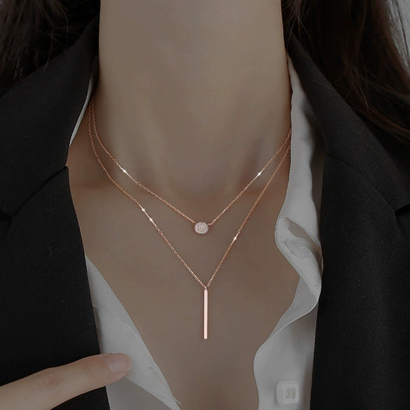 Wholesale Geometric Long Double Layer Round Flash Diamond Necklace For Women Alloy Material With Electroplating Process Simple And Fashionable
