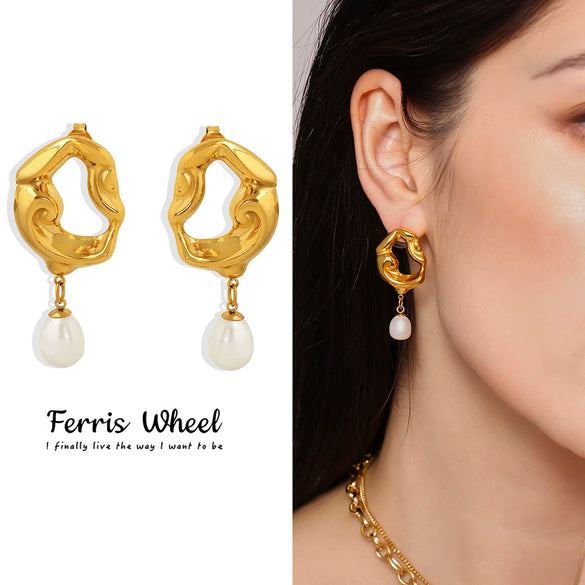 Wholesale Geometric Medieval Baroque Freshwater Pearl And Stainless Steel Electroplated Earrings Unisex Ins Style Minimalist