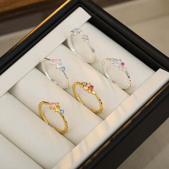 Wholesale Geometric Microinlaid Colored Zirconium Star And Moon Open Ring Copper Plated Real Gold For Women