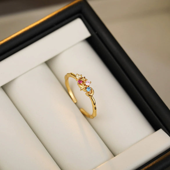 Wholesale Geometric Microinlaid Colored Zirconium Star And Moon Open Ring Copper Plated Real Gold For Women