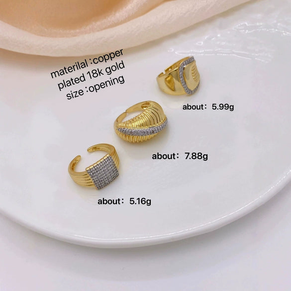 Wholesale Geometric Microinlaid Zircon Adjustable Opening Ring Copper Plated 18K Gold Fashion Jewelry