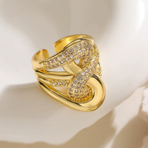 Wholesale Geometric Micropaved Copper 18K Gold Plated Zircon Opening Ring For Women