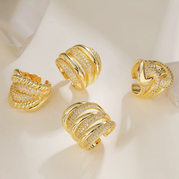 Wholesale Geometric Micropaved Copper 18K Gold Plated Zircon Opening Ring For Women