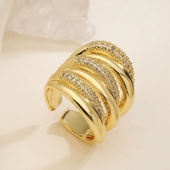 Wholesale Geometric Micropaved Copper 18K Gold Plated Zircon Opening Ring For Women