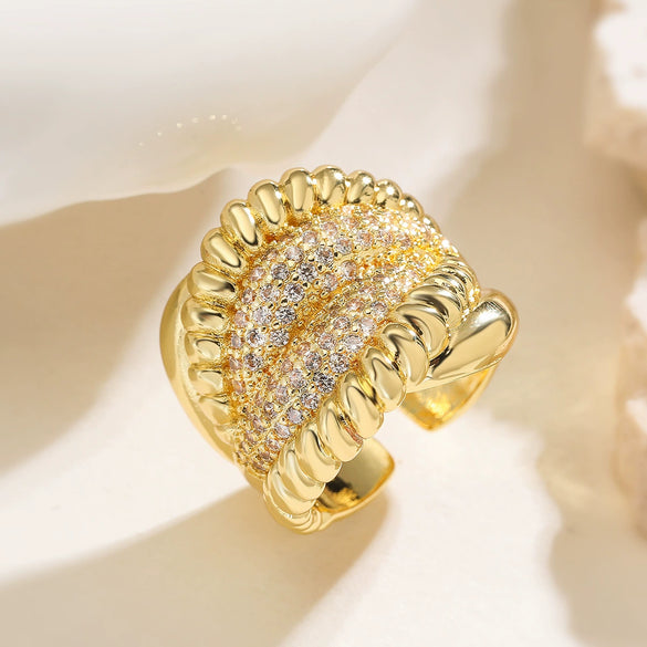 Wholesale Geometric Micropaved Copper 18K Gold Plated Zircon Opening Ring For Women