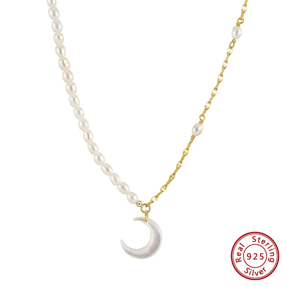 Wholesale Geometric Natural Freshwater Pearl S925 Sterling Silver Crescent Pendant Necklace With Electroplating For Women