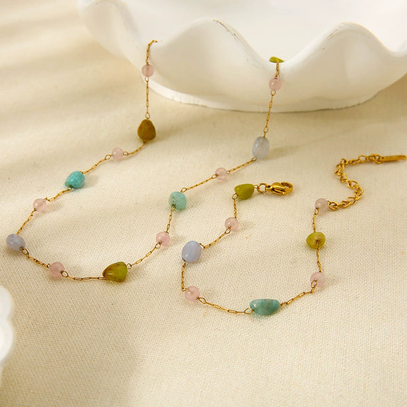 Wholesale Geometric Natural Stone Stainless Steel 18K Gold Plated Bracelet And Necklace Set For Women