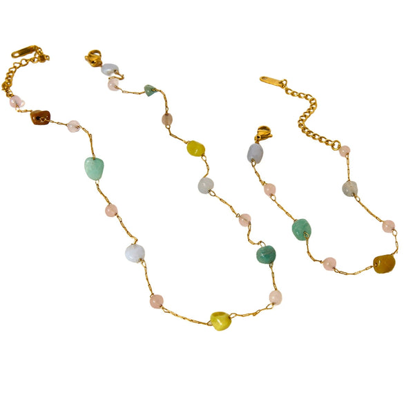Wholesale Geometric Natural Stone Stainless Steel 18K Gold Plated Bracelet And Necklace Set For Women