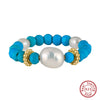 Wholesale Geometric Natural Stone 925 Sterling Silver Freshwater Pearl Turquoise Ring With Electroplating For Women