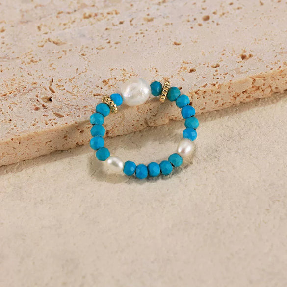 Wholesale Geometric Natural Stone 925 Sterling Silver Freshwater Pearl Turquoise Ring With Electroplating For Women