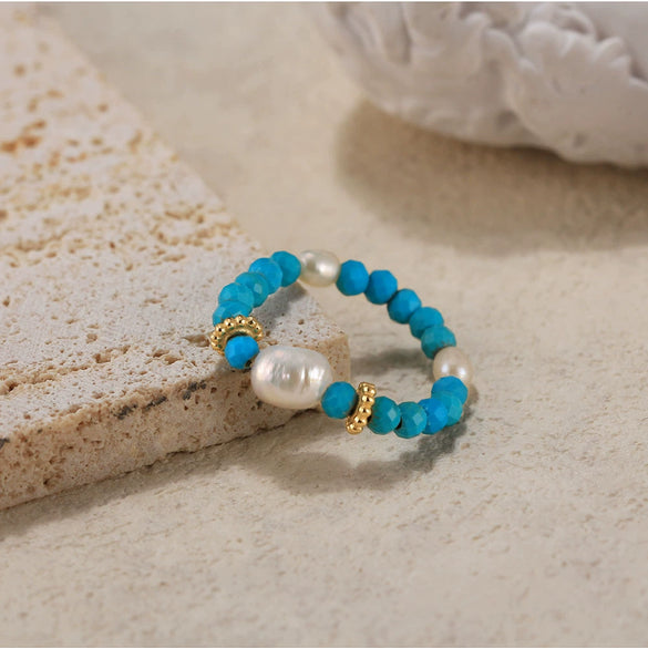Wholesale Geometric Natural Stone 925 Sterling Silver Freshwater Pearl Turquoise Ring With Electroplating For Women
