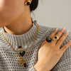 Wholesale Geometric Obsidian Studded Stainless Steel Electroplated Jewelry For Women Earrings And Sweater Chain Necklace