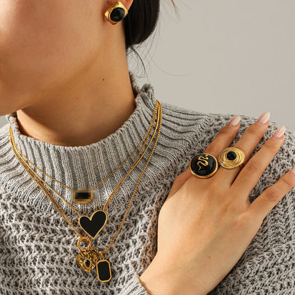 Wholesale Geometric Obsidian Studded Stainless Steel Electroplated Jewelry For Women Earrings And Sweater Chain Necklace