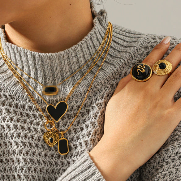 Wholesale Geometric Obsidian Studded Stainless Steel Electroplated Jewelry For Women Earrings And Sweater Chain Necklace