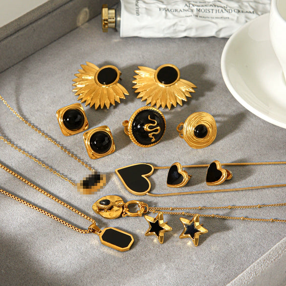 Wholesale Geometric Obsidian Studded Stainless Steel Electroplated Jewelry For Women Earrings And Sweater Chain Necklace