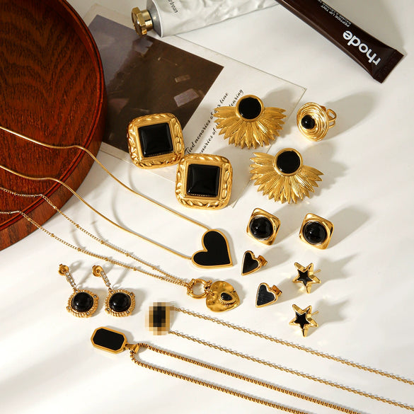 Wholesale Geometric Obsidian Studded Stainless Steel Electroplated Jewelry For Women Earrings And Sweater Chain Necklace