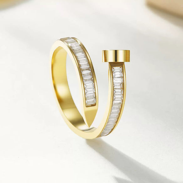 Wholesale Geometric Open Nailshaped Stainless Steel Ring Inlaid With Diamonds Electroplated Jewelry For Unisex