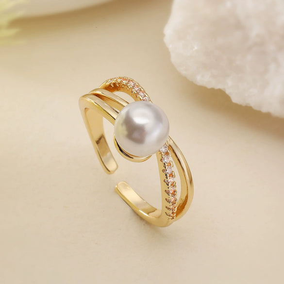 Wholesale Geometric Opening Ring Copper Plated 18K Gold Zircon Pearl Women's Design Sense Niche Advanced