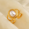 Wholesale Geometric Oval Pearl Inlaid Stainless Steel Ring For Women Electroplated