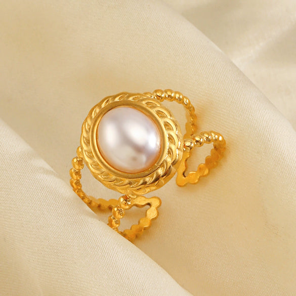 Wholesale Geometric Oval Pearl Inlaid Stainless Steel Ring For Women Electroplated