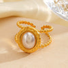 Wholesale Geometric Oval Pearl Inlaid Stainless Steel Ring For Women Electroplated
