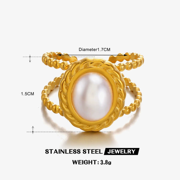 Wholesale Geometric Oval Pearl Inlaid Stainless Steel Ring For Women Electroplated
