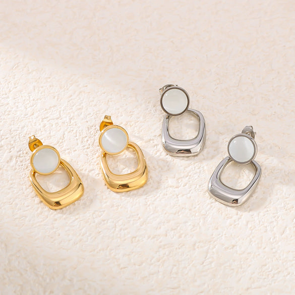 Wholesale Geometric Pattern Opal Pendant Stitching Earrings 18K Gold Plated Stainless Steel Double Layer Women's Earrings