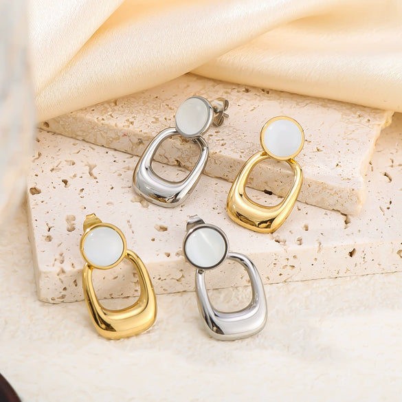 Wholesale Geometric Pattern Opal Pendant Stitching Earrings 18K Gold Plated Stainless Steel Double Layer Women's Earrings