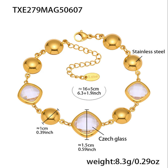 Wholesale Geometric Patterned 316L Stainless Steel 18K Real Gold Plated Czech Glass Women's Fashion Bracelet Jewelry