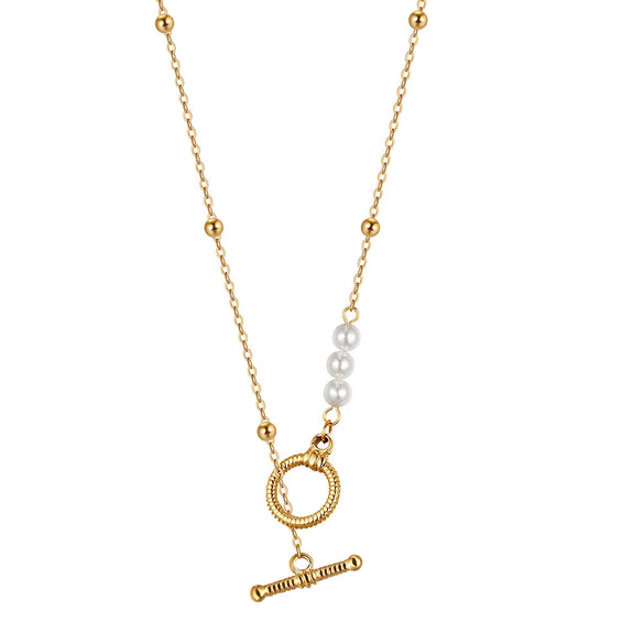 Wholesale Geometric Pearl Pendant Necklace In Stainless Steel With 18K Gold Electroplated Ot Clasp For Women