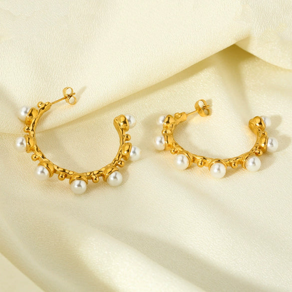 Wholesale Geometric Pearlencrusted Cshaped Stainless Steel 18K Gold Plated Earrings For Women
