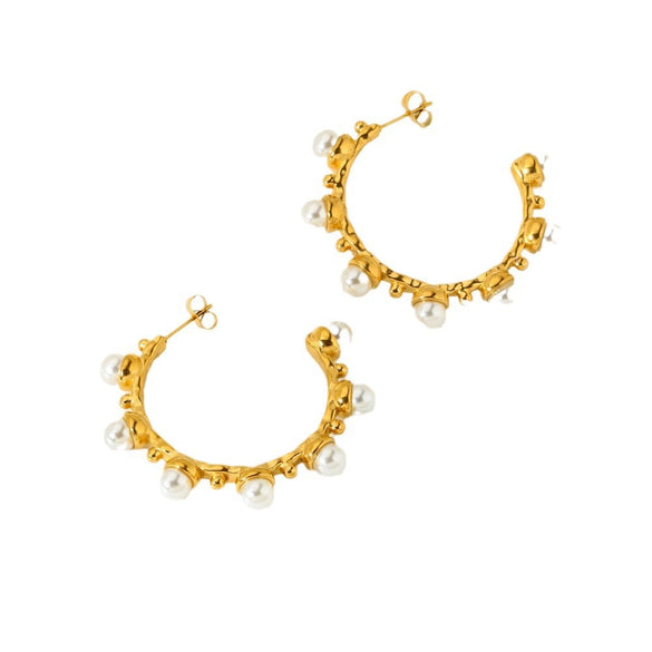 Wholesale Geometric Pearlencrusted Cshaped Stainless Steel 18K Gold Plated Earrings For Women