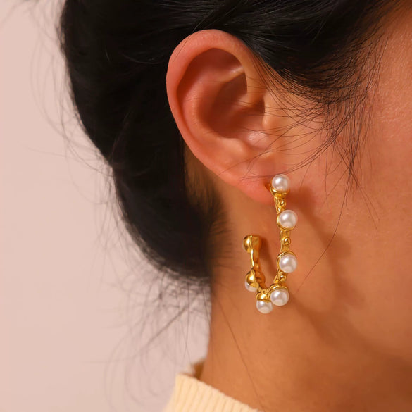 Wholesale Geometric Pearlencrusted Cshaped Stainless Steel 18K Gold Plated Earrings For Women